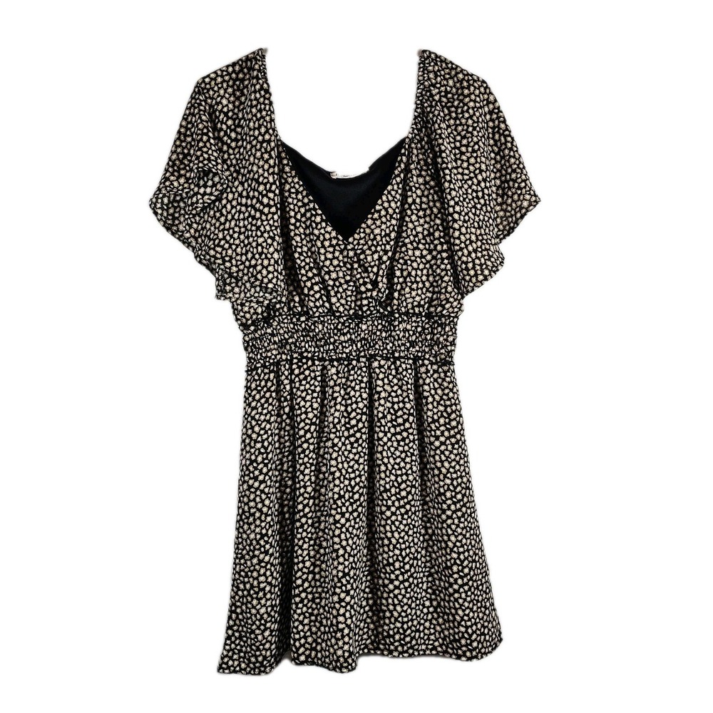 Peach‎ Love CA Geometric Print Dress Sz Small Smocked Waist Flutter Sleeve Lined